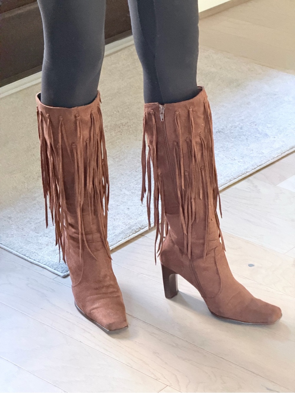 Fringe Suede Mid-Calf Heeled Boots - Brown